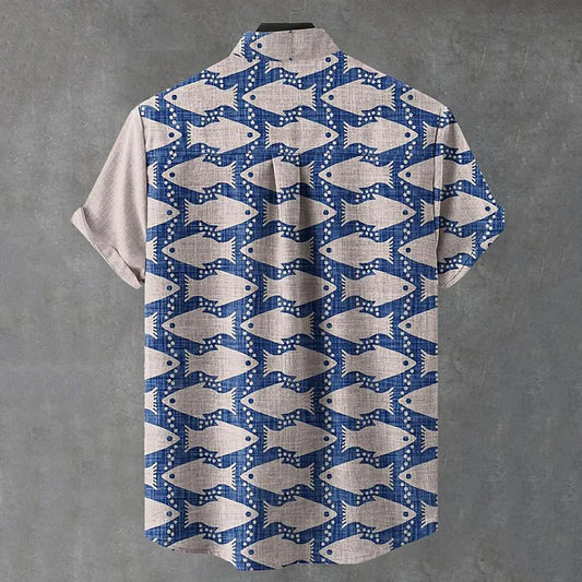 Vintage Fish Print Linen Shirt β Split Design Short Sleeve Casual Shirt