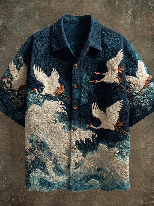 Vintage Embroidered Crane Shirt β Japanese Wave Art Short Sleeve Shirt