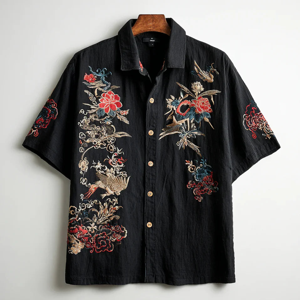 Black Embroidered Short Sleeve Shirt – Vintage Floral & Crane Art Button-Up