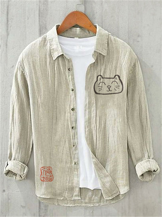 Minimalist Cat Print Linen Shirt β Casual Long Sleeve Button Down Summer Shirt