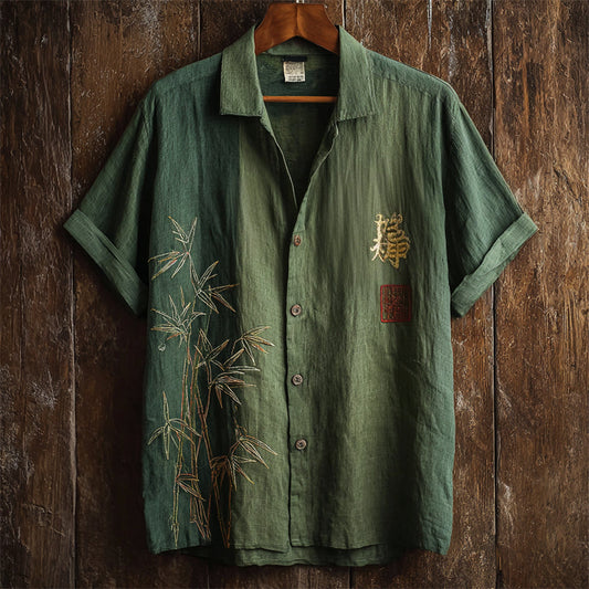 Bamboo Embroidered Linen Shirt – Vintage Chinese Style Short Sleeve Shirt