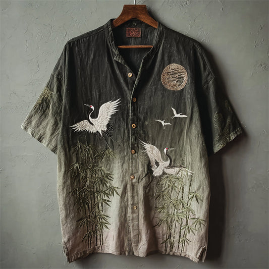 Crane & Bamboo Embroidered Vintage Shirt – Nature Art Short Sleeve Button-Up