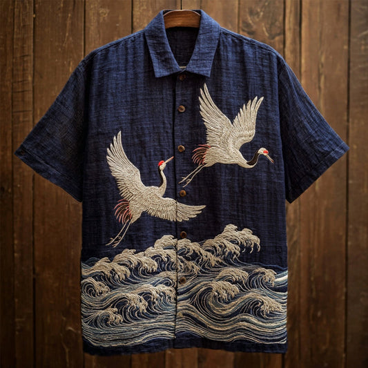 Flying Crane Wave Embroidered Shirt – Vintage Ocean Art Short Sleeve Button-Up