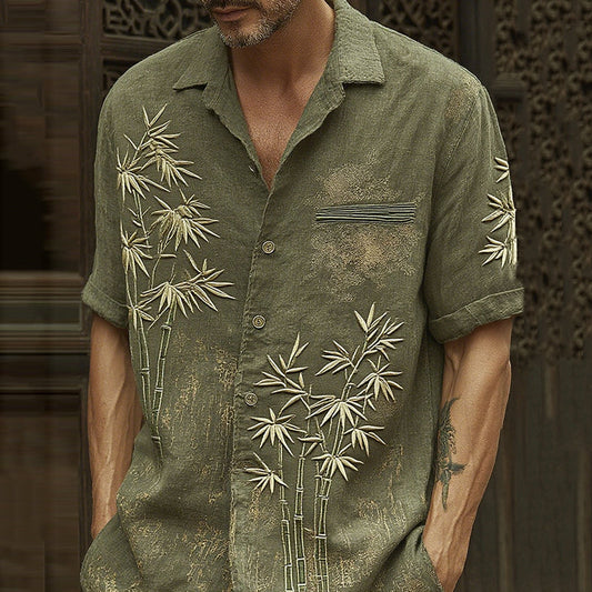 Blue Bamboo Embroidered Linen Shirt – Vintage Asian Short Sleeve