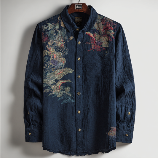 Navy Embroidered Linen Shirt – Vintage Botanical Button-Up
