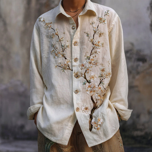 Ivory Embroidered Linen Shirt – Blossom Branch Vintage Button-Down