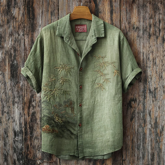 Bamboo Embroidered Linen Shirt – Vintage Green Short Sleeve Button-Up