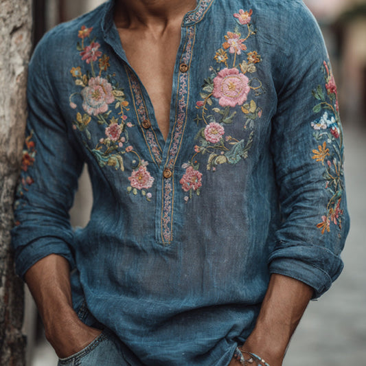 Teal Blue Embroidered Linen Henley Shirt – Floral Vintage Artisan Top