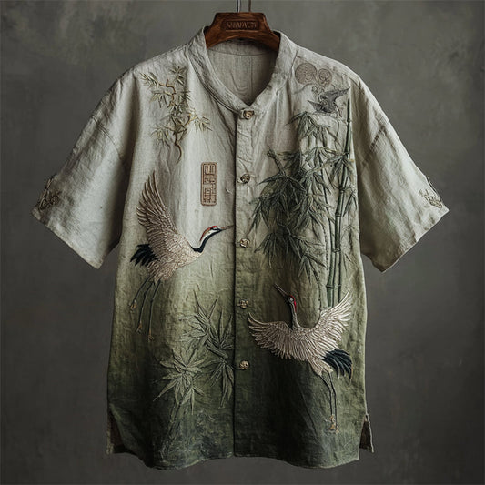 Crane & Bamboo Embroidered Linen Shirt – Vintage Chinese Style
