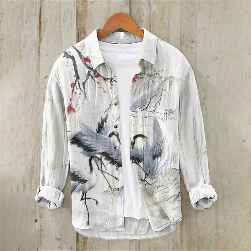 White Crane Ink Painting Linen Shirt – Japanese Art Style Long Sleeve Button Down
