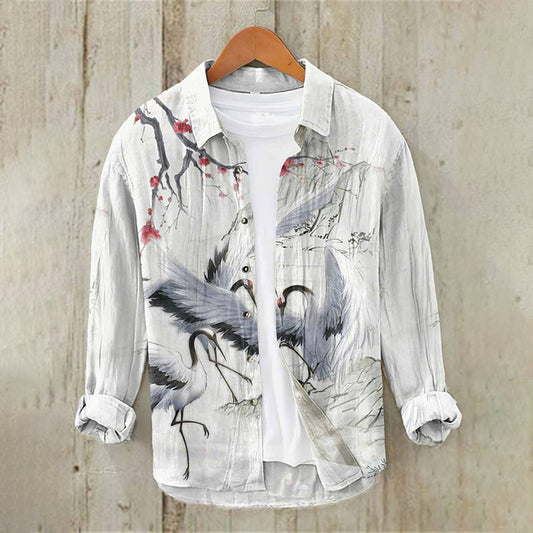 White Crane Ink Painting Linen Shirt – Japanese Art Style Long Sleeve Button Down