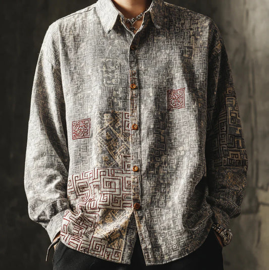 Grey Geometric Linen Shirt – Vintage Maze Pattern Button-Down Shirt