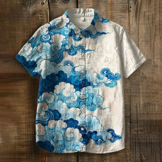 Blue Cloud Print Linen Shirt – Vintage Asian Sky Art Short Sleeve Shirt