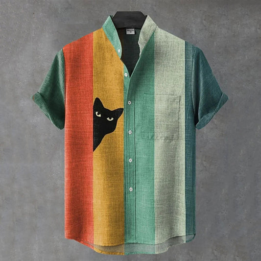 Vintage Color-Block Linen Shirt with Cat Print – Casual Short Sleeve