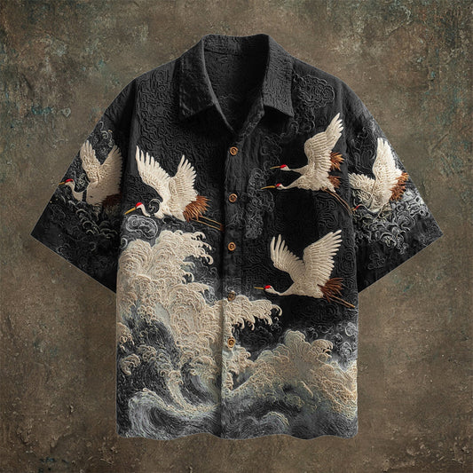 Vintage Embroidered Crane Shirt – Japanese Wave Art Short Sleeve Shirt