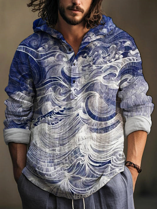 Wave Print Hooded Linen Shirt – Vintage Ocean Art Pullover Top