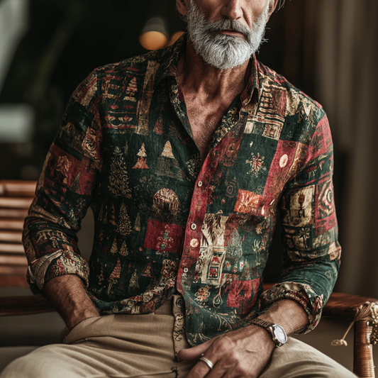Vintage Patchwork Linen Shirt – Retro Art Print Casual Button-Up