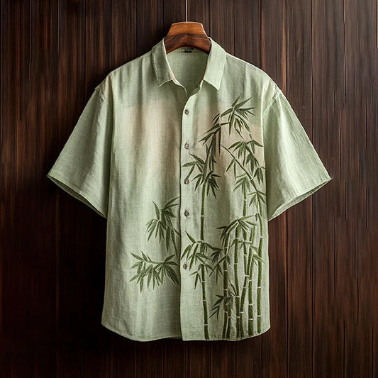 Bamboo Embroidered Vintage Shirt – Linen Short Sleeve Button-Up