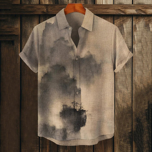 Artistic Linen Short Sleeve Shirt – Vintage Ink Wash Landscape Print Summer Button-Up