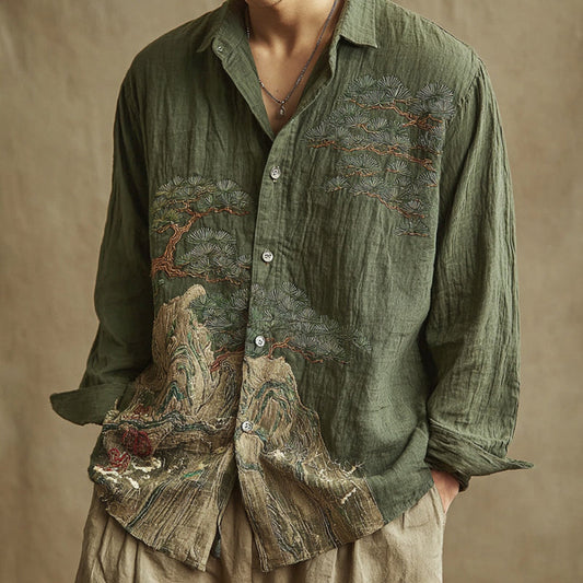 Olive Green Embroidered Linen Shirt – Mountain & Pine Landscape Vintage Shirt X