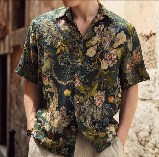 Vintage Botanical Floral Linen Shirt – Short Sleeve Button Up