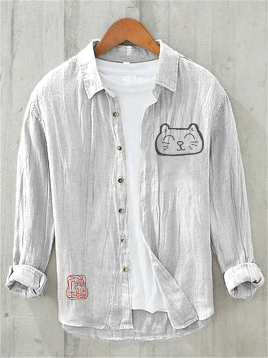 Minimalist Cat Print Linen Shirt – Casual Long Sleeve Button Down Summer Shirt