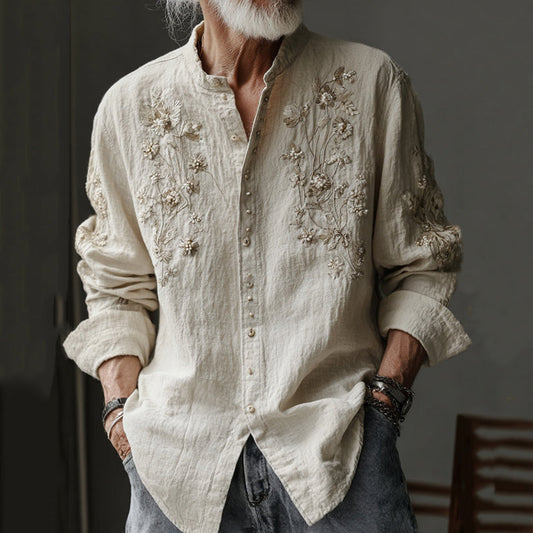 Beige Embroidered Linen Shirt – Mandarin Collar Vintage Floral Shirt