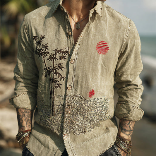 Beige Embroidered Linen Shirt – Bamboo & Wave Vintage Button-Down
