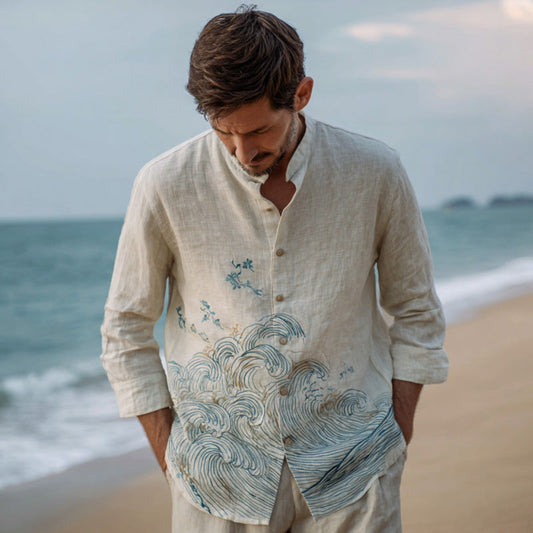 Beige Wave Embroidered Linen Shirt – Coastal Ocean Button-Up