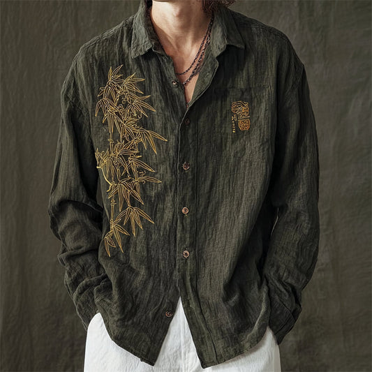 Dark Green Embroidered Linen Shirt – Bamboo Vintage Button-Down Shirt
