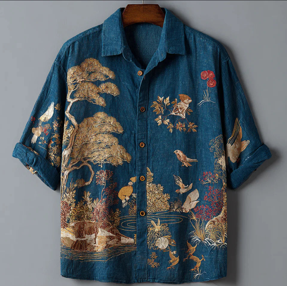 Vintage Blue Linen Shirt with Bird & Nature Art Print – Short Sleeve