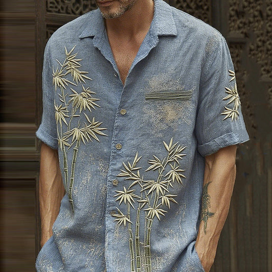Blue Bamboo Embroidered Linen Shirt – Vintage Asian Short Sleeve