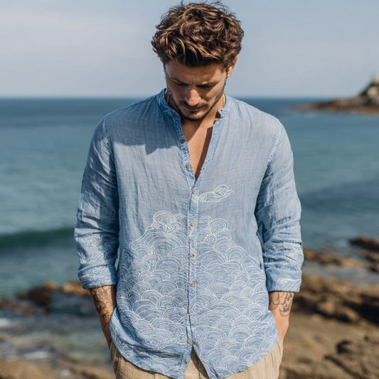 Light Blue Wave Embroidered Linen Shirt – Coastal Ocean Button-Up