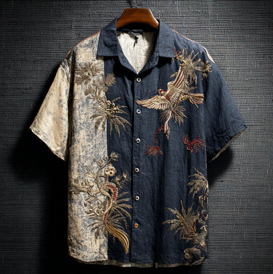 Vintage Black Linen Shirt with Flying Bird Art Print – Short Sleeve