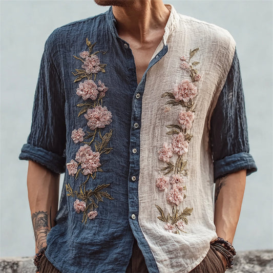 Two-Tone Embroidered Linen Shirt – Floral Vintage Button-Up Top