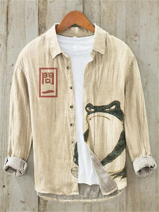 Minimalist Frog Print Linen Shirt – Casual Long Sleeve Button Down Summer Shirt
