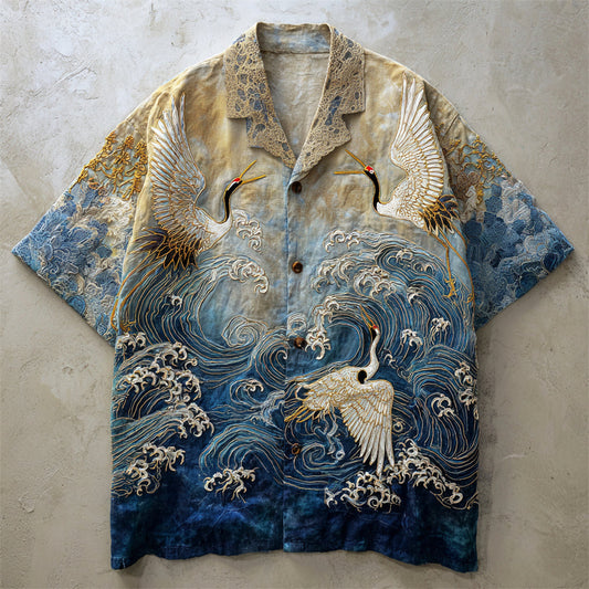 Crane Wave Embroidered Linen Shirt – Vintage Ocean Art Short Sleeve Button-Up