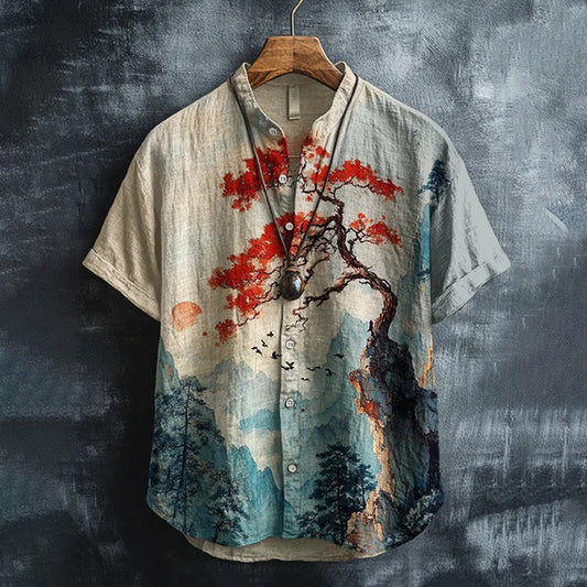 Vintage Ink Wash Linen Shirt with Red Blossom Tree Print – Short Sleeve