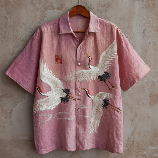 Pink Crane Embroidered Linen Shirt – Vintage Asian Art Short Sleeve