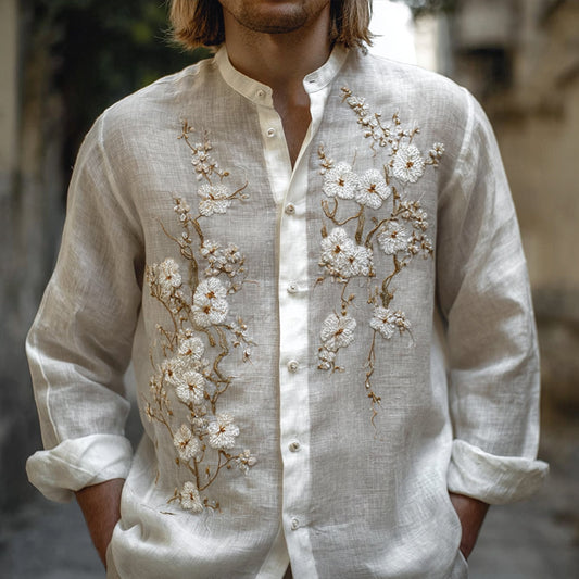 White Embroidered Linen Shirt – Mandarin Collar Floral Vintage Shirt