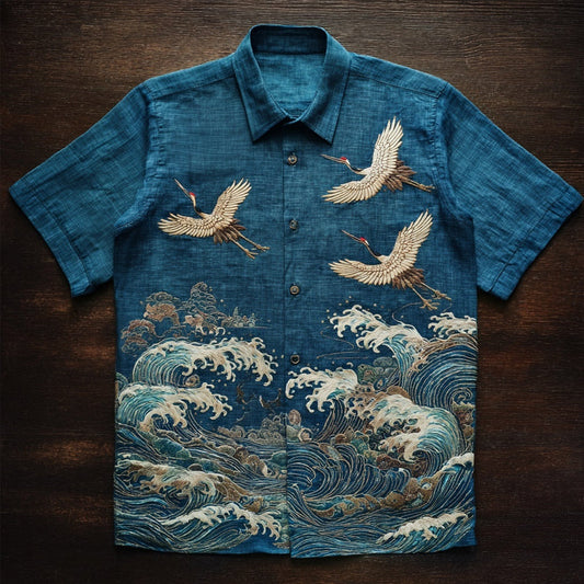 Crane & Ocean Wave Embroidered Shirt – Vintage Linen Short Sleeve
