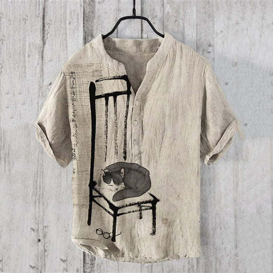 Artistic Linen Short Sleeve Shirt – Ink Cat Illustration Vintage Button-Up