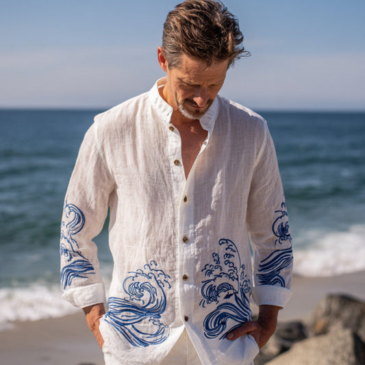 Coastal Wave Embroidered Linen Shirt – Ocean Style Button-Up