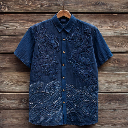 Dragon Embroidered Linen Shirt – Vintage Chinese Dragon Short Sleeve Shirt