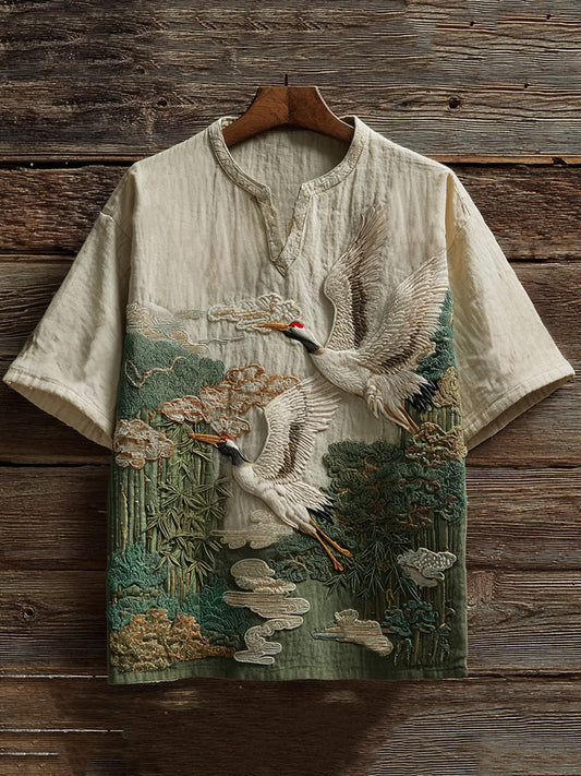 Embroidered Crane Linen Shirt – Vintage Chinese Art Short Sleeve Shirt