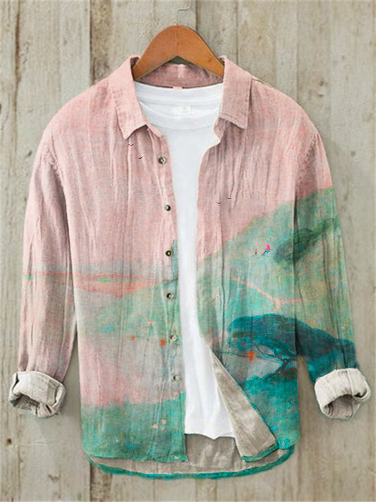 Gradient Linen Shirt – Vintage Pink & Teal Washed Casual Shirt