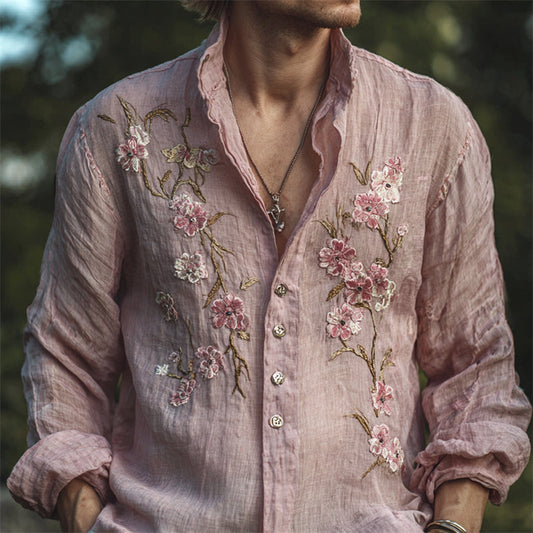 Pink Embroidered Linen Shirt – Floral Vintage Button Shirt