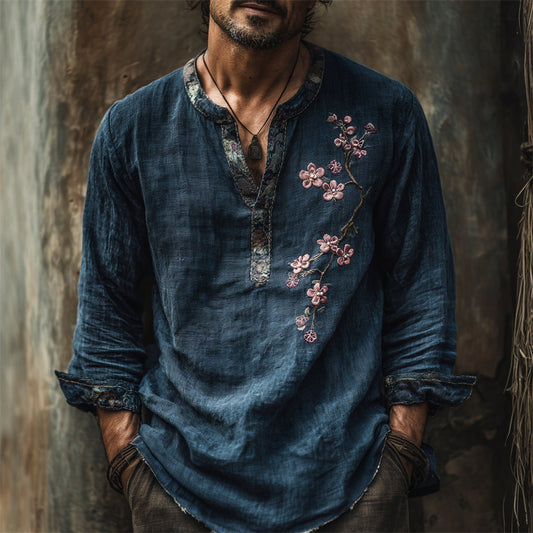 Blue Embroidered Linen Henley Shirt – Vintage Floral Artisan Shirt
